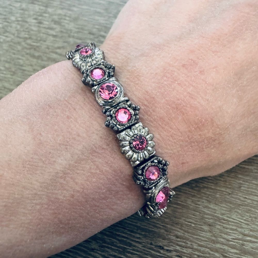 Pink Rhinestone Crystal Antiqued Silver Beaded Bracelet